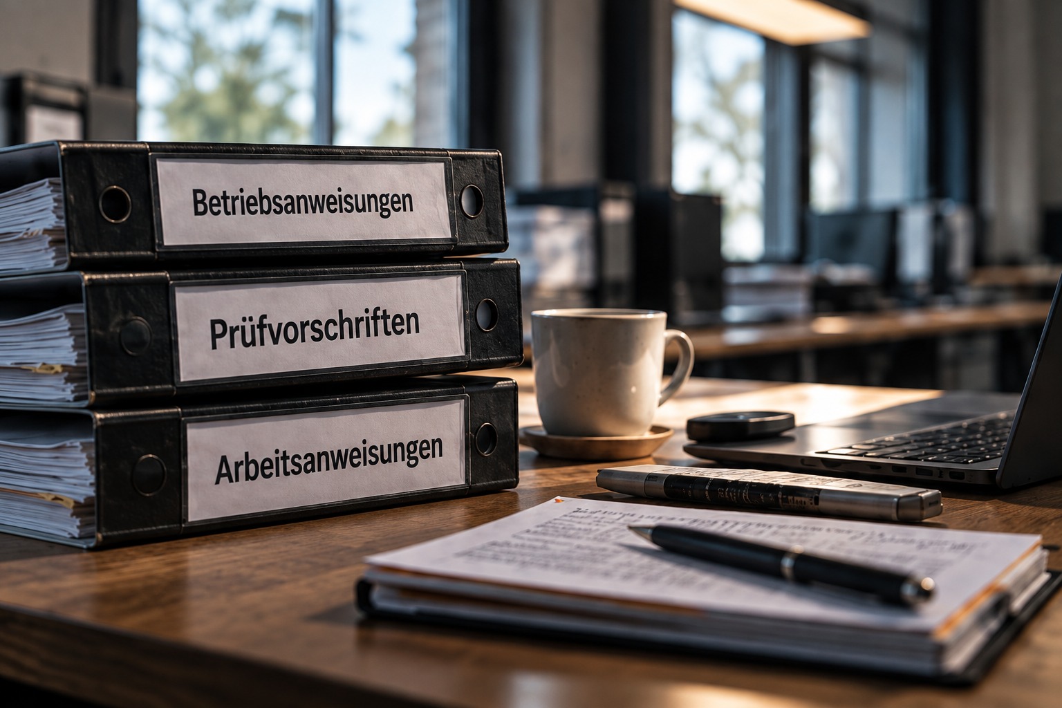 Aktenordner mit Betriebsanweisungen, Prüfvorschriften und Arbeitsanweisungen auf einem Schreibtisch